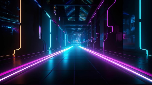abstrakte Farbe Neonlicht Fußweg Neonlichter auf einem dunklen Tunnel mit einer Stadt im Hintergrund
