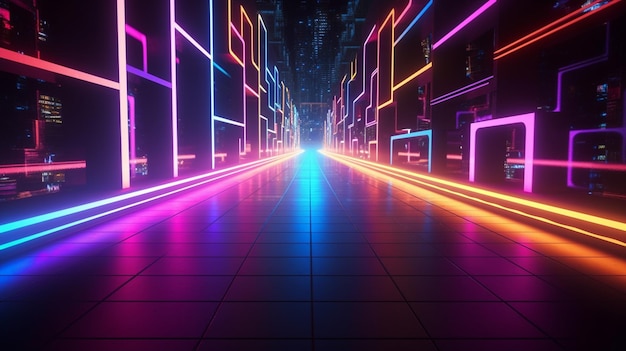 abstrakte Farbe Neonlicht Fußweg Neonlichter auf einem dunklen Tunnel mit einer Stadt im Hintergrund