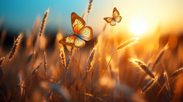 Abstrakte Feldlandschaft bei Sonnenuntergang mit weichem Fokus, trockenen Grashörnern auf der Wiese und einem fliegenden Schmetterling.