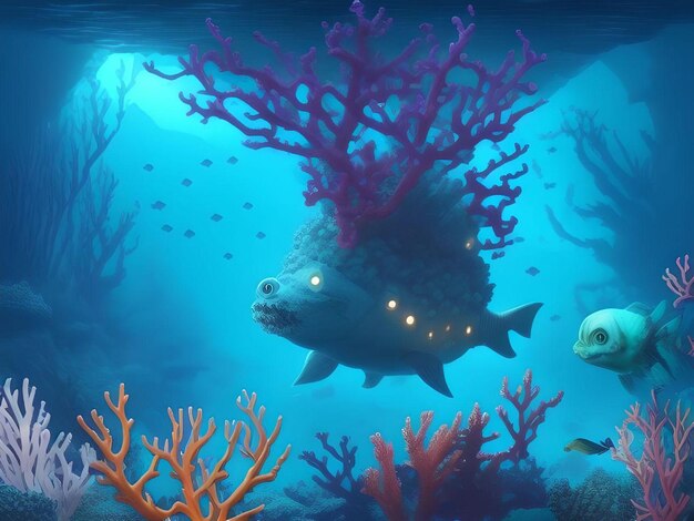 Abstrakte Fische mit Korallen und Riffen in der Ozean-Illustration
