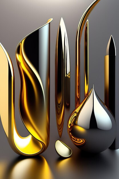 Abstrakte flüssige metallische Formen unterschiedlicher Form und Größe auf grauem Hintergrund. Digitale Kunstwerke