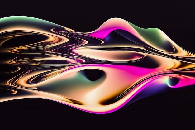 Abstrakte Flüssigkeit 3d rendern holografisch schillernde gebogene Neonwelle auf dunklem Hintergrund in Bewegung