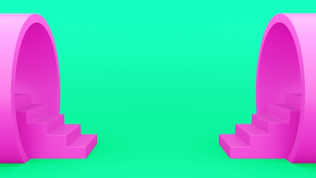 Abstrakte Geometrie. Treppe aus der Pfeife pink. minimalistischer grüner Hintergrund