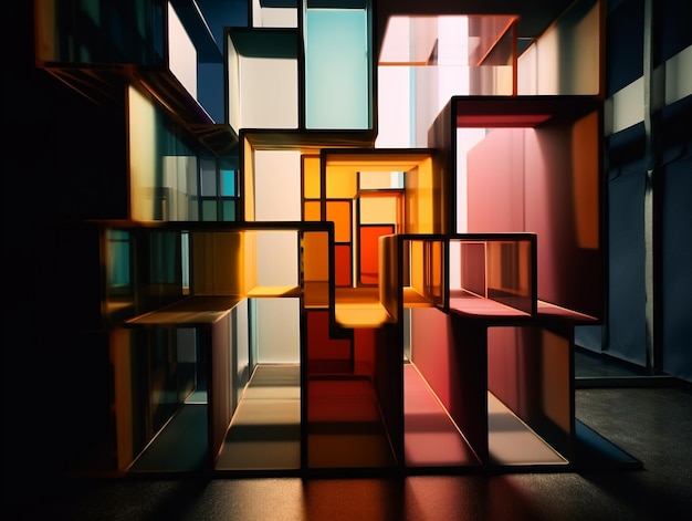 Abstrakte geometrische 3D-Kunst im Stil eines Labyrinths und blinkender Lichter, farbenfrohes Ultra-HD-Foto