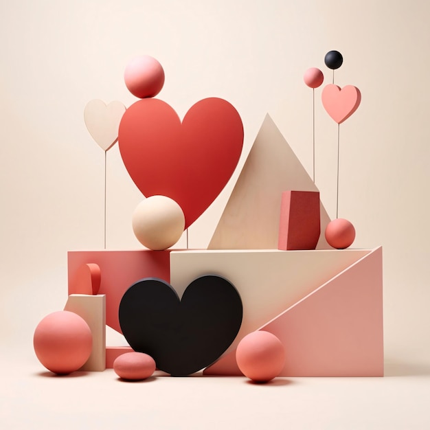 Abstrakte geometrische Figuren Herzen Kugeln Kegel Dreiecke leichter Hintergrund Herz als Symbol für Zuneigung und Liebe
