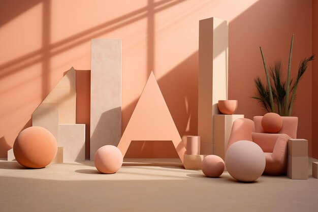 Abstrakte geometrische Formen auf dem Hintergrund einer rosa Wand und Sonnenuntergangsstrahlen Minimalistischer Hintergrund