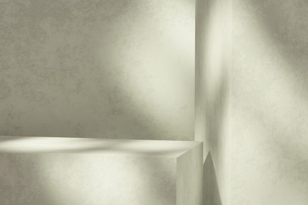 Abstrakte geometrische Komposition mit Ast und Schatten an der Wand Stufensockel aus Naturstein Trendige minimalistische Banner 3D-Rendering-Illustration