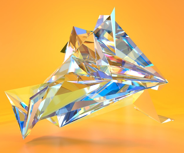 Abstrakte Glaskomposition mit Textur dreieckiger schillernder Diamant oder kristallgeometrische polygonale Form aus Edelstein auf orangefarbenem Hintergrund mit Brechungslicht von Spektralfarben 3D-Render