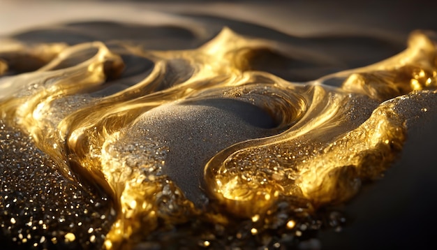 Abstrakte glitzernde goldene feste flüssige Wellen wie flüssiges Gold. 3D-Rendering. Rasterdarstellung.