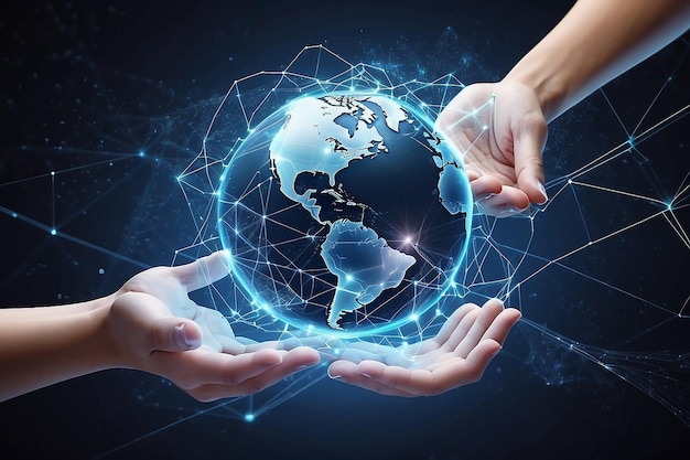 Abstrakte Handflächen, die globale Netzwerkverbindungen halten Innovative Technologie in Wissenschaft und Kommunikationskonzept