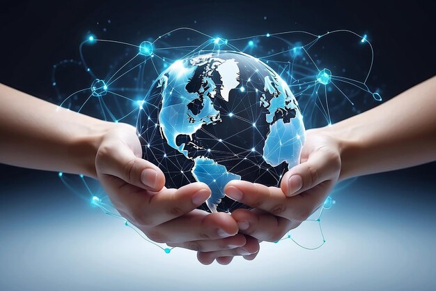 Abstrakte Handflächen, die globale Netzwerkverbindungen halten Innovative Technologie in Wissenschaft und Kommunikationskonzept