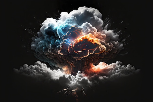 Abstrakte helle Explosion einer Wolke oben auf schwarzem Hintergrund, digitale Illustration