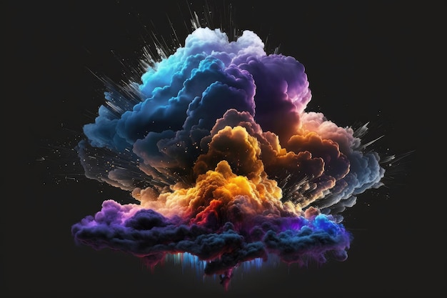 Abstrakte helle Explosion einer Wolke oben auf schwarzem Hintergrund, digitale Illustration