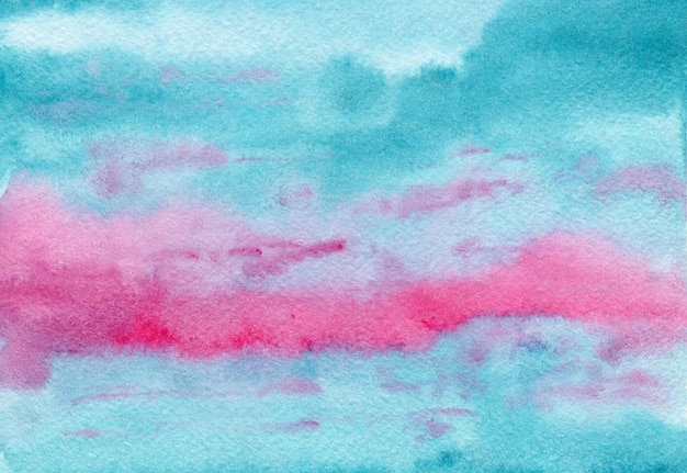 Abstrakte helle Malerei rosa und türkisblaue Wolkenlandschaft nassen Aquarellhintergrund, Waschtechnik