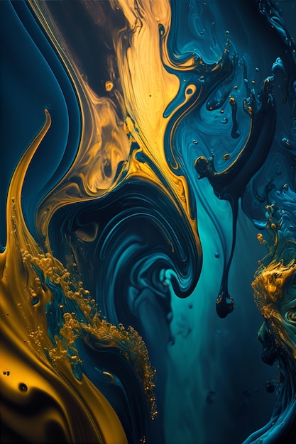 Abstrakte Hintergründe Ölfarbe und Wasser, Gold, Petrolblau, Generative Ai