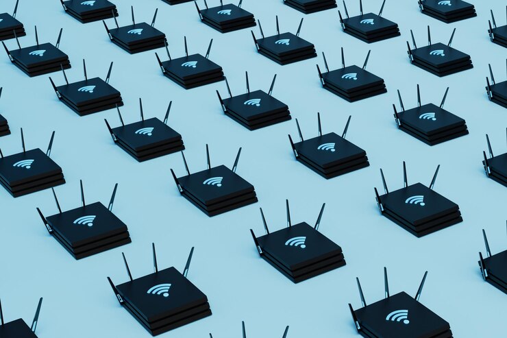 Foto abstrakte hintergrundmuster von schwarzen routern mit wifi-symbolen, die blaues neonlicht 3d-rendering leuchten