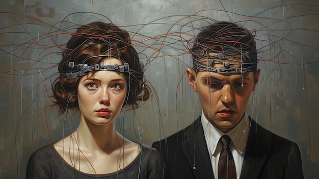 Abstrakte Illustration der Verbindung zwischen einem Mann und einer Frau emotionales Chaos Verwirrung oder Unentschlossenheit