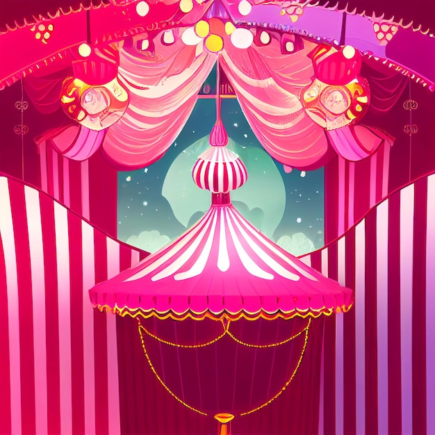 Foto abstrakte illustration des rosafarbenen zirkuszeltes mit baldachin, ballonen, zuckerwatterosa mit vertikalem streifen