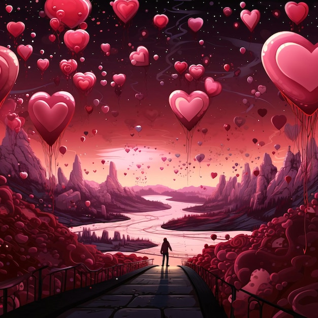Abstrakte Illustration einer Silhouette eines Mannes in einem Bergland auf einem Himmel von Herzen Valentinstag Banner mit Platz für Ihren eigenen Inhalt