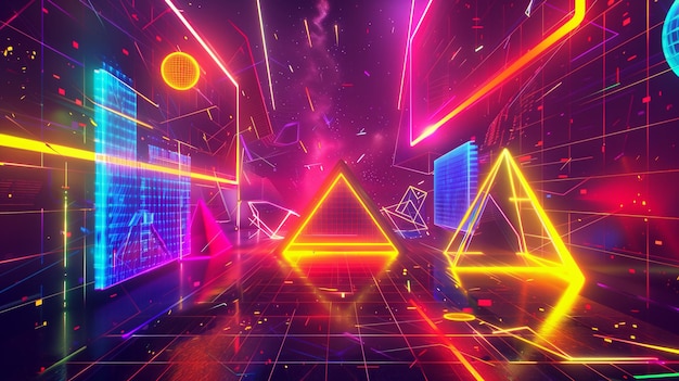 Abstrakte Illustration geometrischer Formen und Strukturen in bunten Neonfarben und Lichtern im Cyberspace vor dunklem Hintergrund