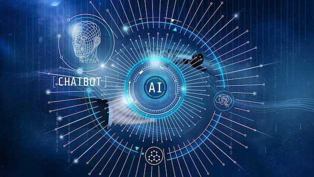 Abstrakte Infografik des menschlichen Kopfes in der digitalen Computerinterpretation des Robots