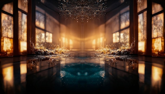 Abstrakte kleine Szene mit mehrfarbiger Lichtreflexion im Wasser schöne Wellen selbstnivellierender Boden Epoxidharz Leeres Studio mit Buntglas-Neonfenstern 3D-Illustration