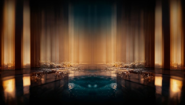 Abstrakte kleine Szene mit mehrfarbiger Lichtreflexion im Wasser schöne Wellen selbstnivellierender Boden Epoxidharz Leeres Studio mit Buntglas-Neonfenstern 3D-Illustration