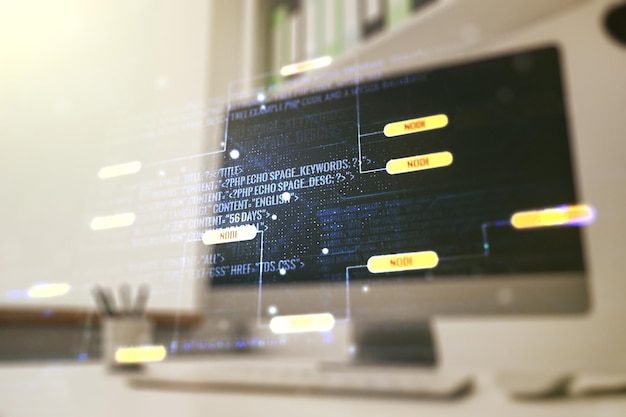 Abstrakte kreative Codierungsillustration und moderner Desktop mit PC im Hintergrund Softwareentwicklungskonzept Mehrfachbelichtung