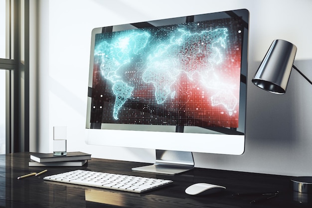 Abstrakte kreative digitale Weltkarte auf modernem Laptop-Monitor, Tourismus- und Reisekonzept 3D-Rendering
