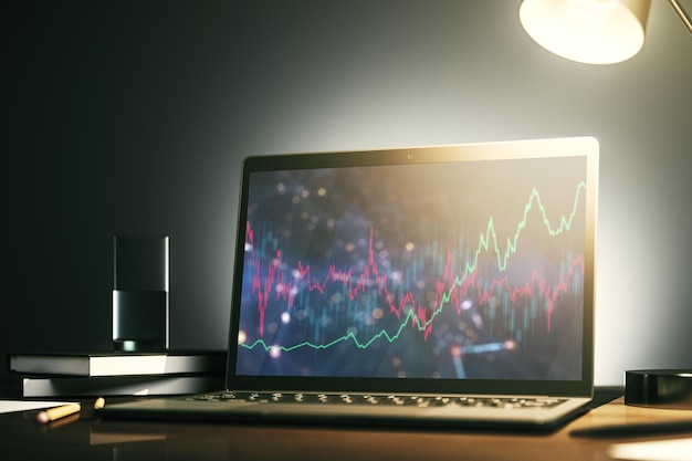 Abstrakte kreative Finanzgrafik auf modernem Laptop-Bildschirm, Devisen- und Anlagekonzept 3D-Rendering