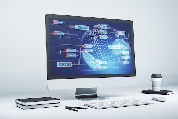 Abstrakte kreative Kodierungsillustration mit Weltkarte auf modernem Computermonitor internationales Softwareentwicklungskonzept 3D-Rendering