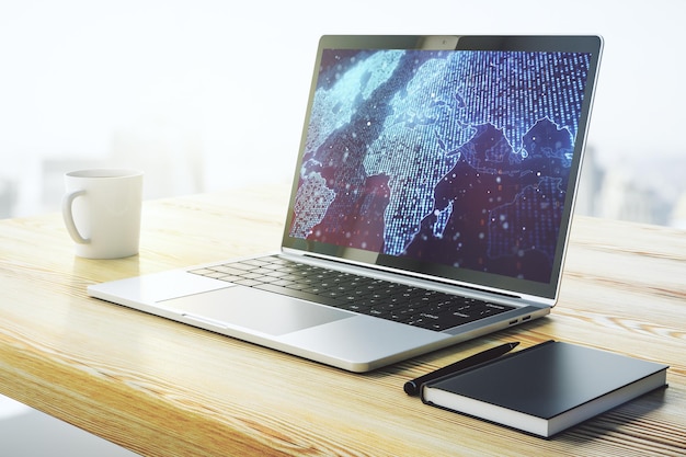Abstrakte kreative Weltkarte auf modernem Laptop-Bildschirm internationales Handelskonzept 3D-Rendering