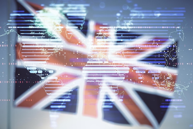Abstrakte kreative Weltkartenschnittstelle auf der Flagge Großbritanniens und Sonnenuntergang Himmelshintergrund internationales Handelskonzept Mehrfachbelichtung