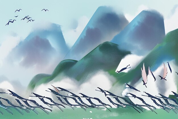 Foto abstrakte künstlerische aquarelltintenart gebirgsvogeltiersonnennaturlandschaftsillustration