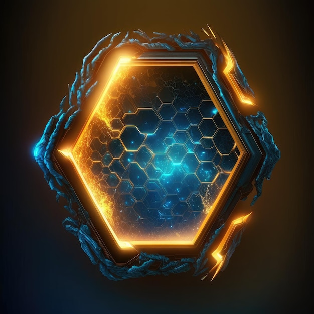 Abstrakte Kunst aus dick leuchtendem goldenem und blauem Hexagon-Rahmendesign
