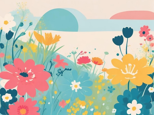 Abstrakte Kunst des Sommerkaleidoskops mit bunten Blumen in einer lebendigen Landschaft