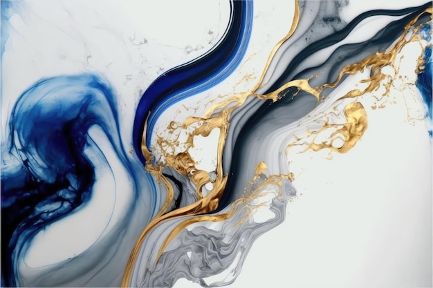 Abstrakte Kunst, die Farbe in flüssiger Tintenbeschaffenheit blau und gold im Hintergrund spritzt