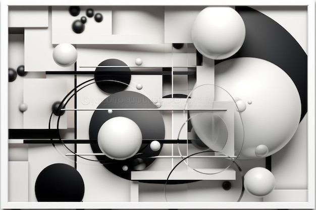 Foto abstrakte kunst mit schwarz-weißen kreisen und kugeln in einem weißen rahmen