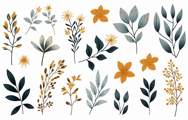 Abstrakte Kunstillustration moderne Idee blüht tropische Blätter goldene Elemente