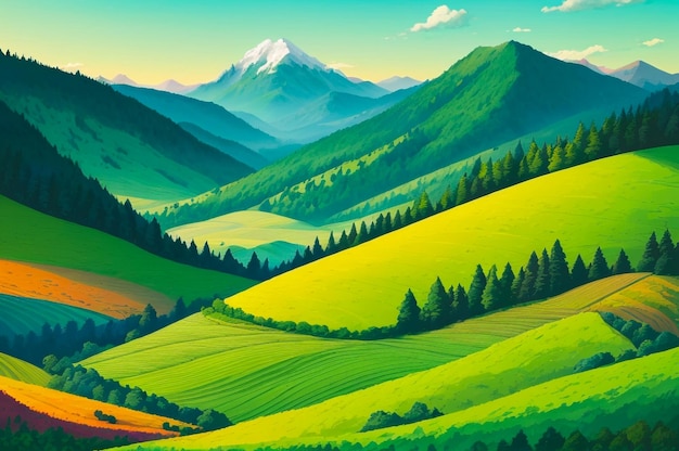 Abstrakte, lebendige grüne Landschaft mit sanften Hügeln und majestätischen Bergen