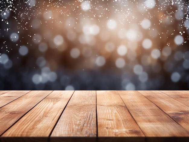 Abstrakte leere Holztischplatte mit Kopierraum über weihnachtlichem Winter-Bokeh, verschwommener heller Hintergrund