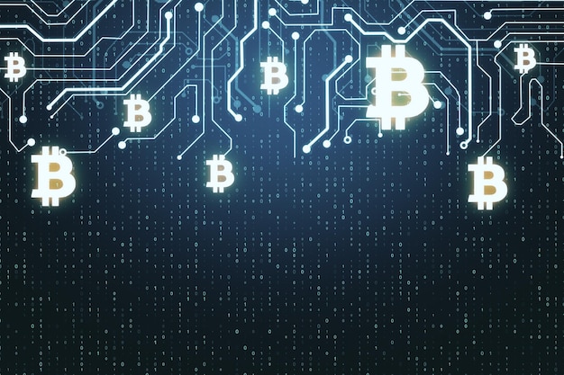 Abstrakte leuchtende Geldschaltung und Binärcode-Hintergrund Bitcoin- und Kryptowährungskonzept 3D-Rendering