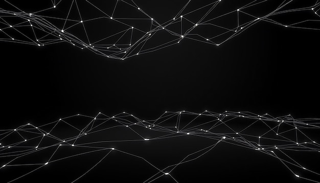 Abstrakte leuchtende Linien und Punkte bilden eine futuristische geometrische Form auf einem dunklen Hintergrund