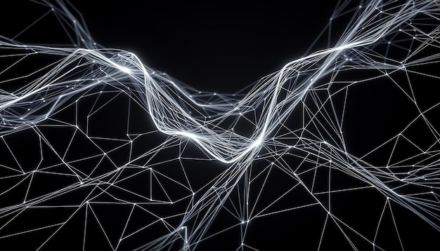 Abstrakte leuchtende weiße Linien und Punkte bilden ein geometrisches Muster auf einem schwarzen Hintergrund