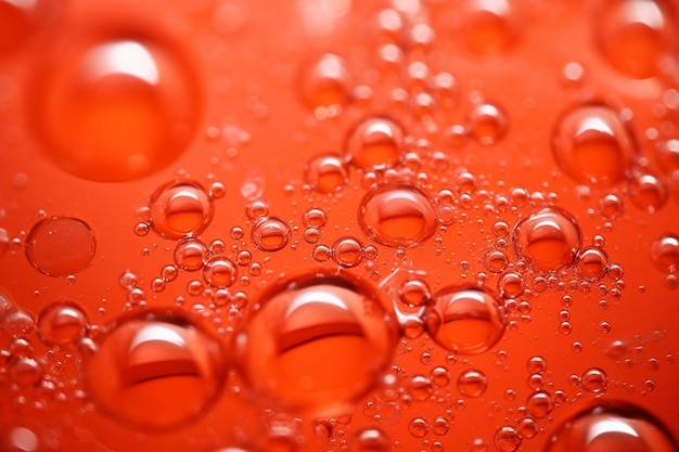 Abstrakte Makrografik von rotem Sodawasser mit Blasen in einem Trinkglas