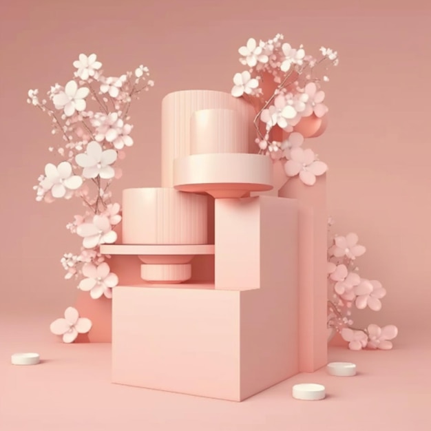 Abstrakte Minimal-Werbung mit Sakura Pink Flower Tree Branch Frame auf Pink Podium Display für Kosmetik- oder Beauty-Produktwerbung Generative AI