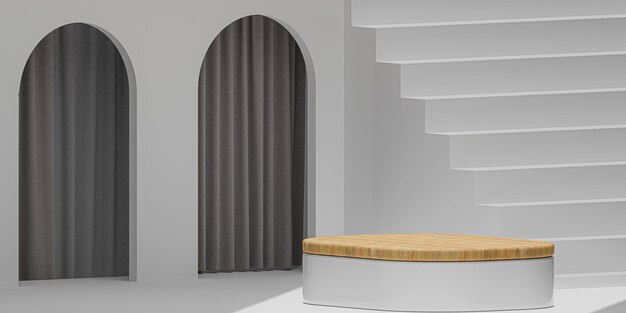 Abstrakte minimale Szene mit geometrischen Formen Zylinder-Holzpodestbühne auf weißem Hintergrund für Show-Produkt-Kosmetik-Präsentation Mock-up-3D-Rendering-Illustration