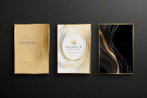 Foto abstrakte minimalistische posterkollektion mit goldenen glatten dünnen tintenlinien auf schwarzem hintergrund luxus-banner-design