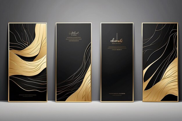 Foto abstrakte minimalistische posterkollektion mit goldenen glatten dünnen tintenlinien auf schwarzem hintergrund luxus-banner-design
