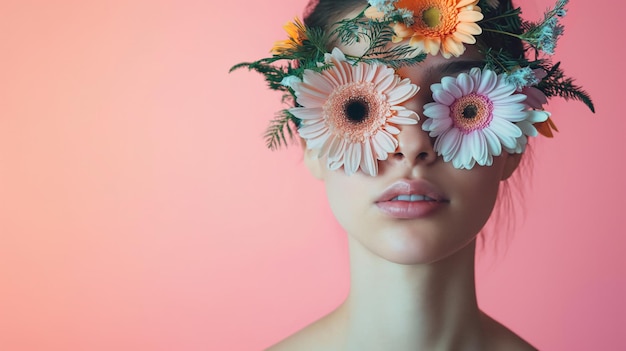 Abstrakte minimalistische zeitgenössische Kunstcollage Porträt einer jungen Frau mit Blumen im Gesicht